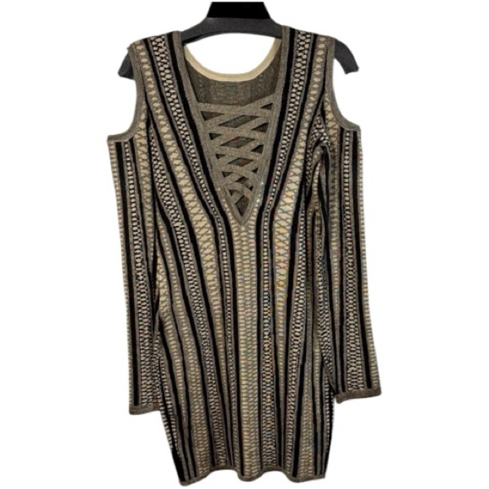 bebe Dress Black/Tan/Gold Metallic Cold Shoulder Midi in Size M NWT